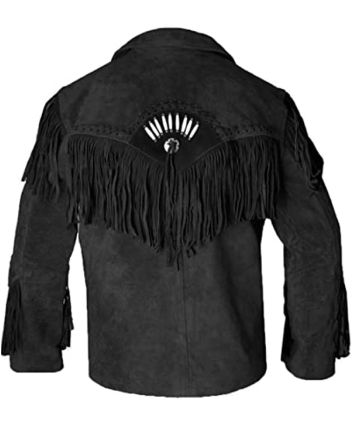  Cowboy Suede Black Leather Jacket with Fringes $ Beads 