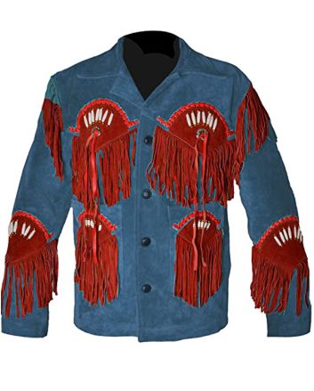 Beautiful Blue Leather Jacket With Excellent Red Frings
