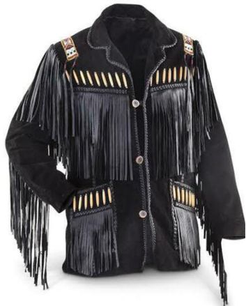 Black Cowboy Leather Jacket With Fringe & Bead Work