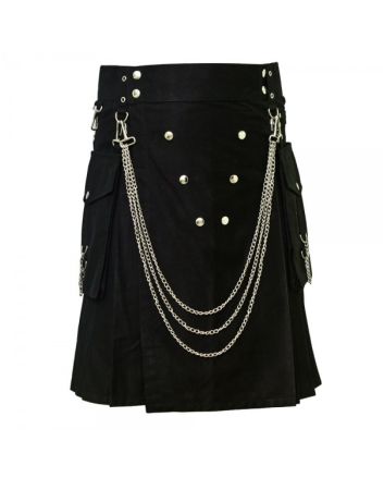 Black Utility Kilt With Silver Chains