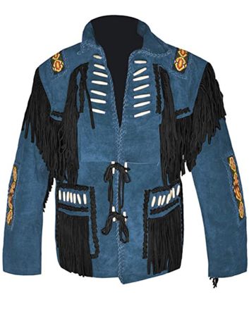 Blue Cowboy Leather Jacket With Beads And Black  Frings