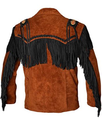 Classic Brown Cowboy Leather Jacket With Black Frings