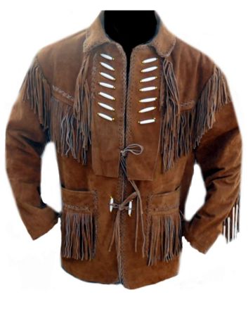 Brown Suede Leather Jacket Cowboy Western Vintage Fringes Beads