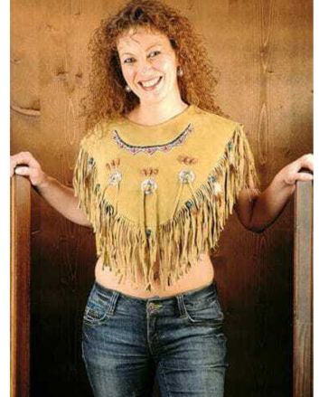 Camel Brown Women Western Style Suede Leather Poncho Costume With Fringe