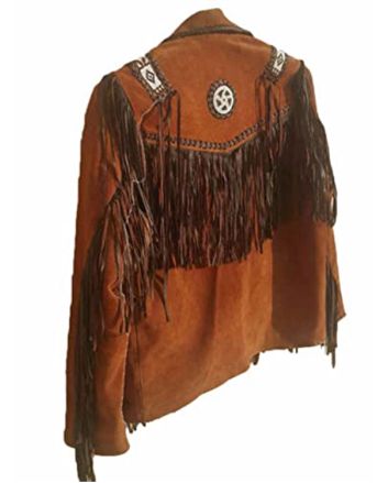  Classyak Men's Western Fringed and Beaded Brown Suede Leather Coat 
