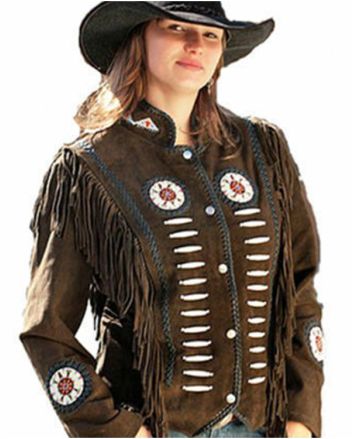 Cow-Girl  Western Suede Leather Wear Fringe Bones & Beads Coat Jacket