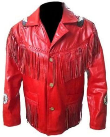 Cowboy Red Suede Leather Jacket With Fringe & Bead Work 