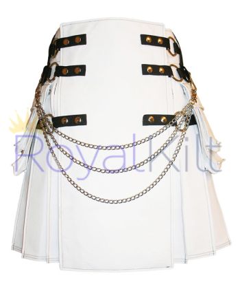 Cutom Made White Kilt With Black Stitches & Chains-FOR SALE