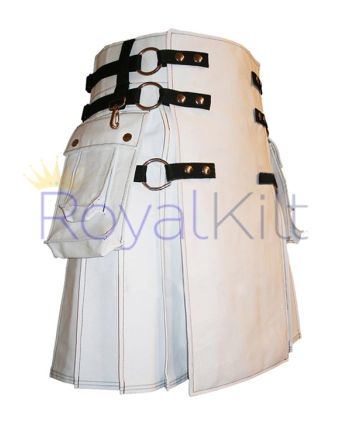 Cutom Made White Kilt With Black Stitches & Chains-FOR SALE