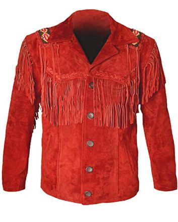 Genuine Red  Leather Coat, Fringed & Excellent Bead Work