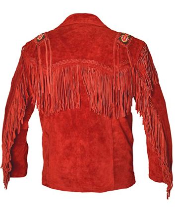 Genuine Red  Leather Coat, Fringed & Excellent Bead Work