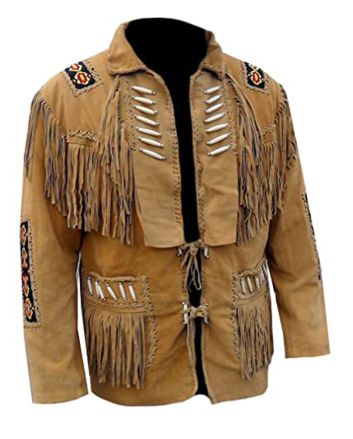 Men Native Cowboy Western Suede Leather Jacket Coat With Fringes Bone and Beads
