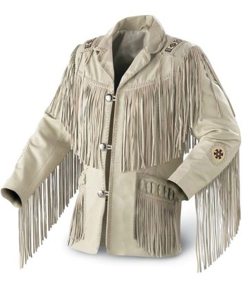 Men's New Beige Western Cow Boy Suede Cow Leather Jacket With Fringe