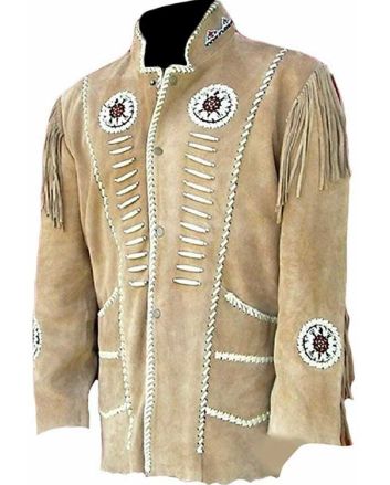 Men Suede Western Cowboy Leather Jacket With Fringe & Bead Work
