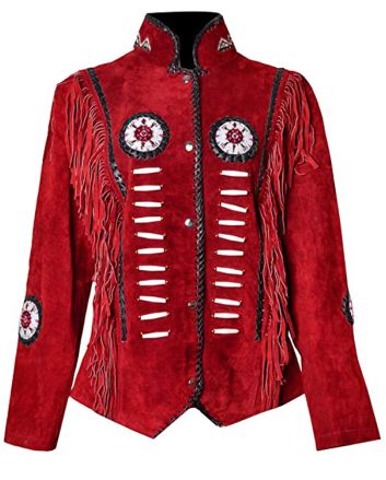 Modern Style Red Leather Coat With Fringes and Beads