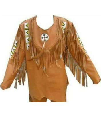 Native Style Fringes & Beads Brown Cowhide Leather Shirt