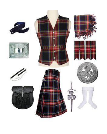 Black Stewart Tartan Vest Kilt Outfit