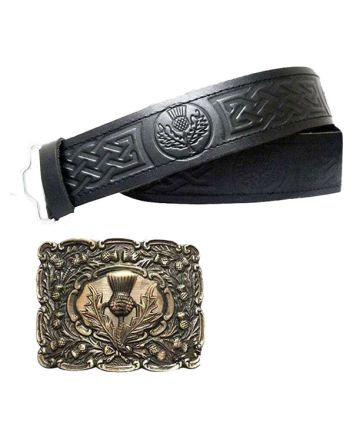 Thistle Embossed Leather Kilt Belt With Thistle Buckle
