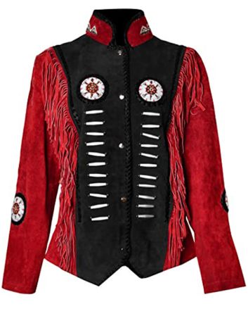 Tow-Tone Cowboy Leather Jacket With Beads And Frings