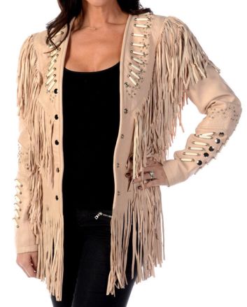 Western Fringes Beads Women  Suede Leather Jacket-for sale