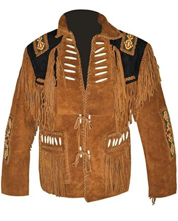 Western Jacket Leather Brown with Fringed   Beads