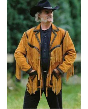 Western Style Cowboy  Golden Brown Leather Jacket With Fringe