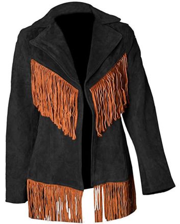 Women's Stylish Black Leather Jacket with Brown Frings
