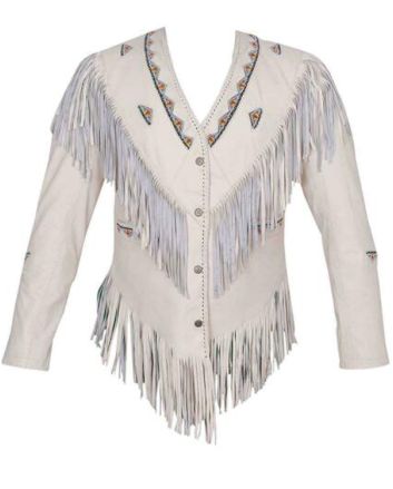 Women's Western American New Style Cow Leather Jacket with Fringes and Bones