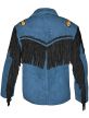Blue Cowboy Leather Jacket With Beads And Frings