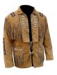 Men Native Cowboy Western Suede Leather Jacket Coat With Fringes Bone and Beads