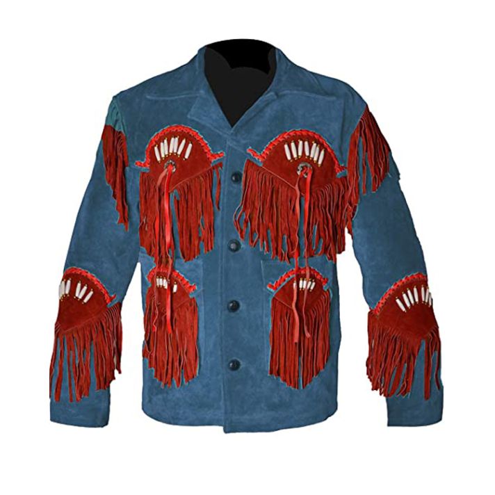 Beautiful Blue Leather Jacket With Excellent Red Frings