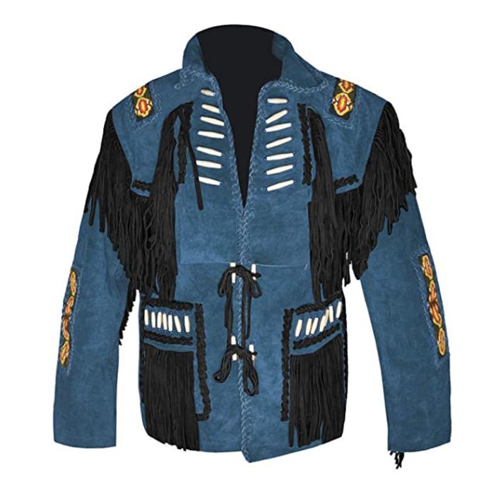 Blue Cowboy Leather Jacket With Beads And Black  Frings