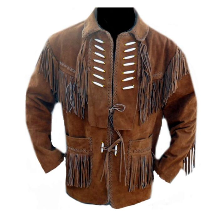 Brown Suede Leather Jacket Cowboy Western Vintage Fringes Beads