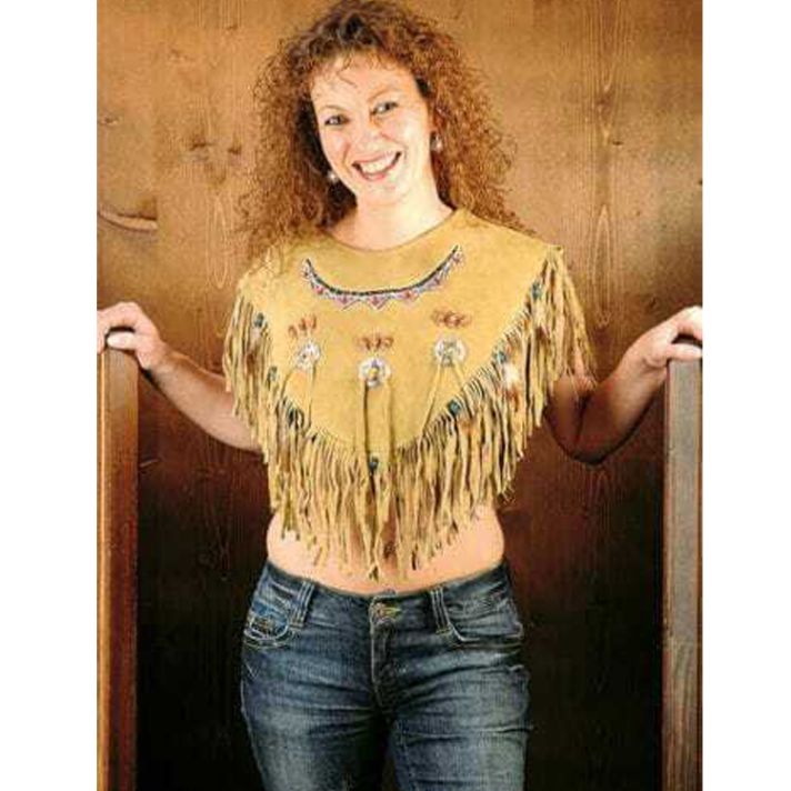 Camel Brown Women Western Style Suede Leather Poncho Costume With Fringe