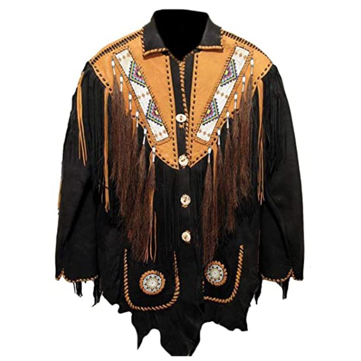  Classyak Men's Western Cowboy Beaded Real & Suede Leather Jacket 