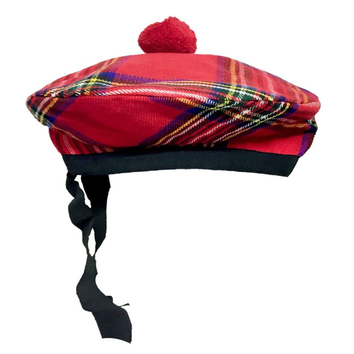 Beanie Glengarry Hat Royal Stewart with Red Pompom