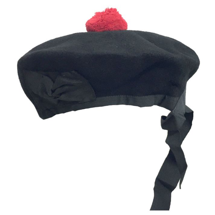 Beanie Glengarry Hat Plain Black with Red Pompom