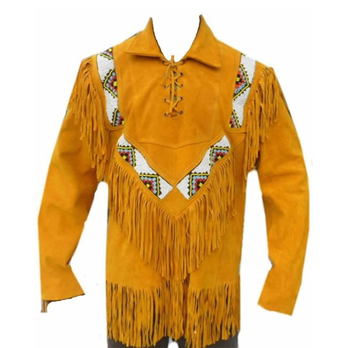 Men's Western Style Pullover Suede Leather  Shirt Fringes and Beads