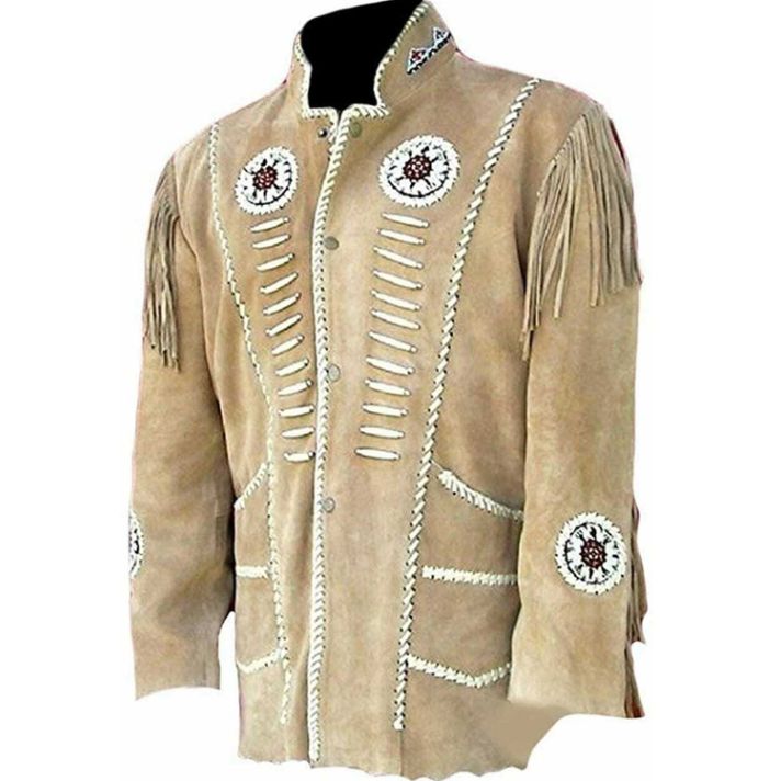 Men Suede Western Cowboy Leather Jacket With Fringe & Bead Work
