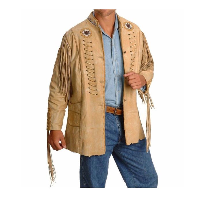 Mens Cowboy Suede Leather Jacket With Fringes Beads