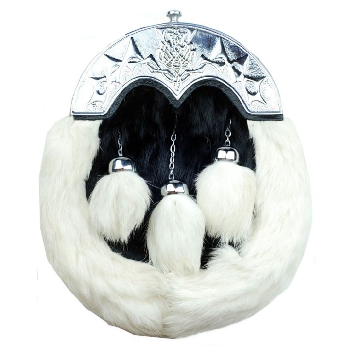 White & Black Dress Rabbit Fur Sporran Kilt Thistle Cantle 3 Tassels