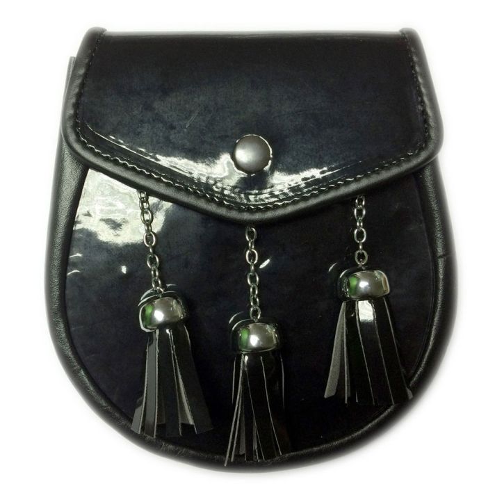 Black Leather Sporran With Leather 3 Tassels