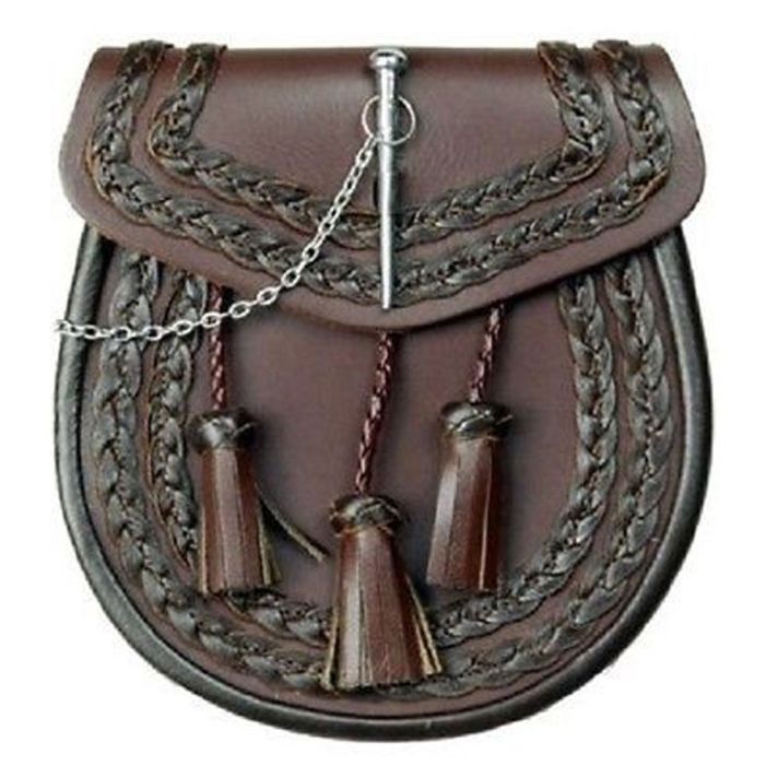 Brown Leather Kilt Sporran Pin Lock 3 Twisted Tassels Knots