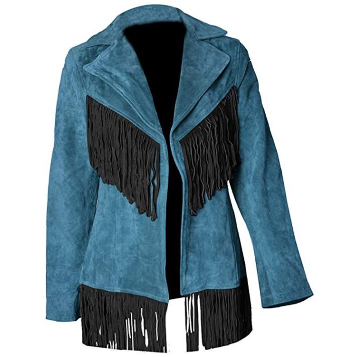 Women's Amazing Blue Leather Jacket With Black Frings