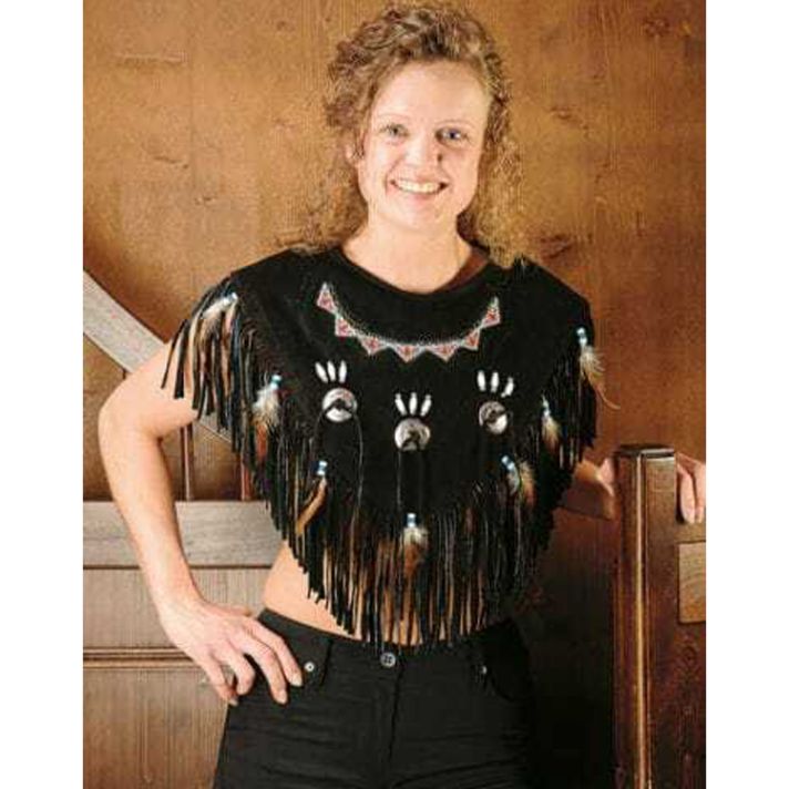 Women Western Style Suede Black Leather Poncho Costume With Fringe