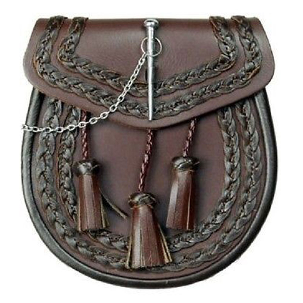 Black Leather Scottish Kilt Sporran With Pin Lock & Tassels